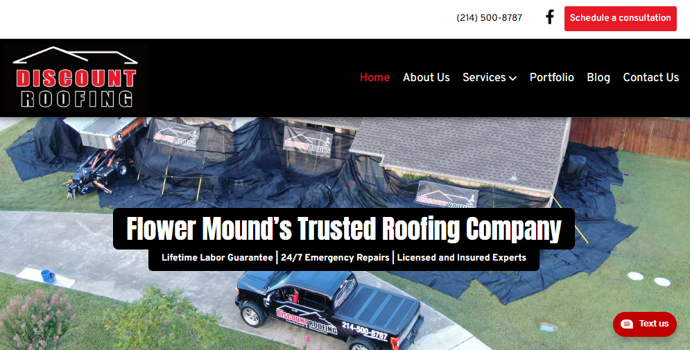 Discount Roofing Homepage - Flower Mound, Texas Website