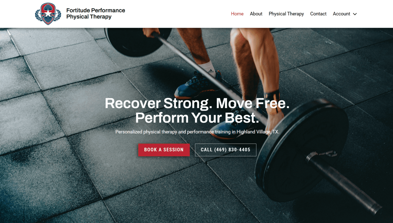 Fortitude Performance Physical Therapy website in Flower Mound, Texas