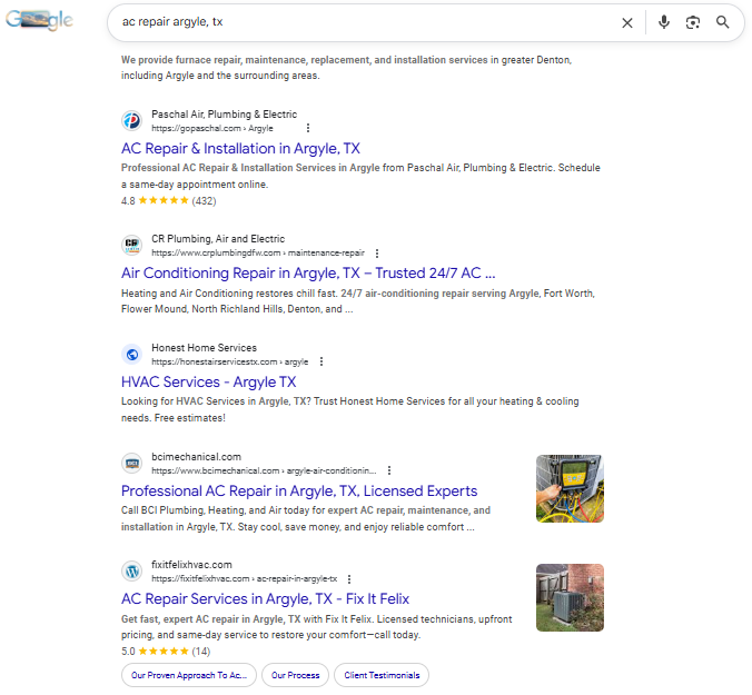 Google Search Results for AC Repair Argyle, TX - Fix It Felix