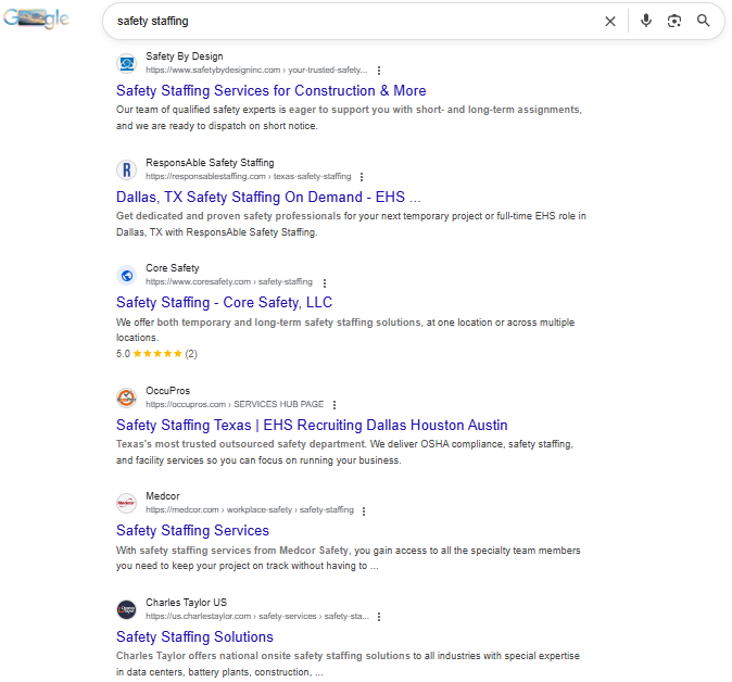 Google Search Results for safety staffing - CORE Safety Group