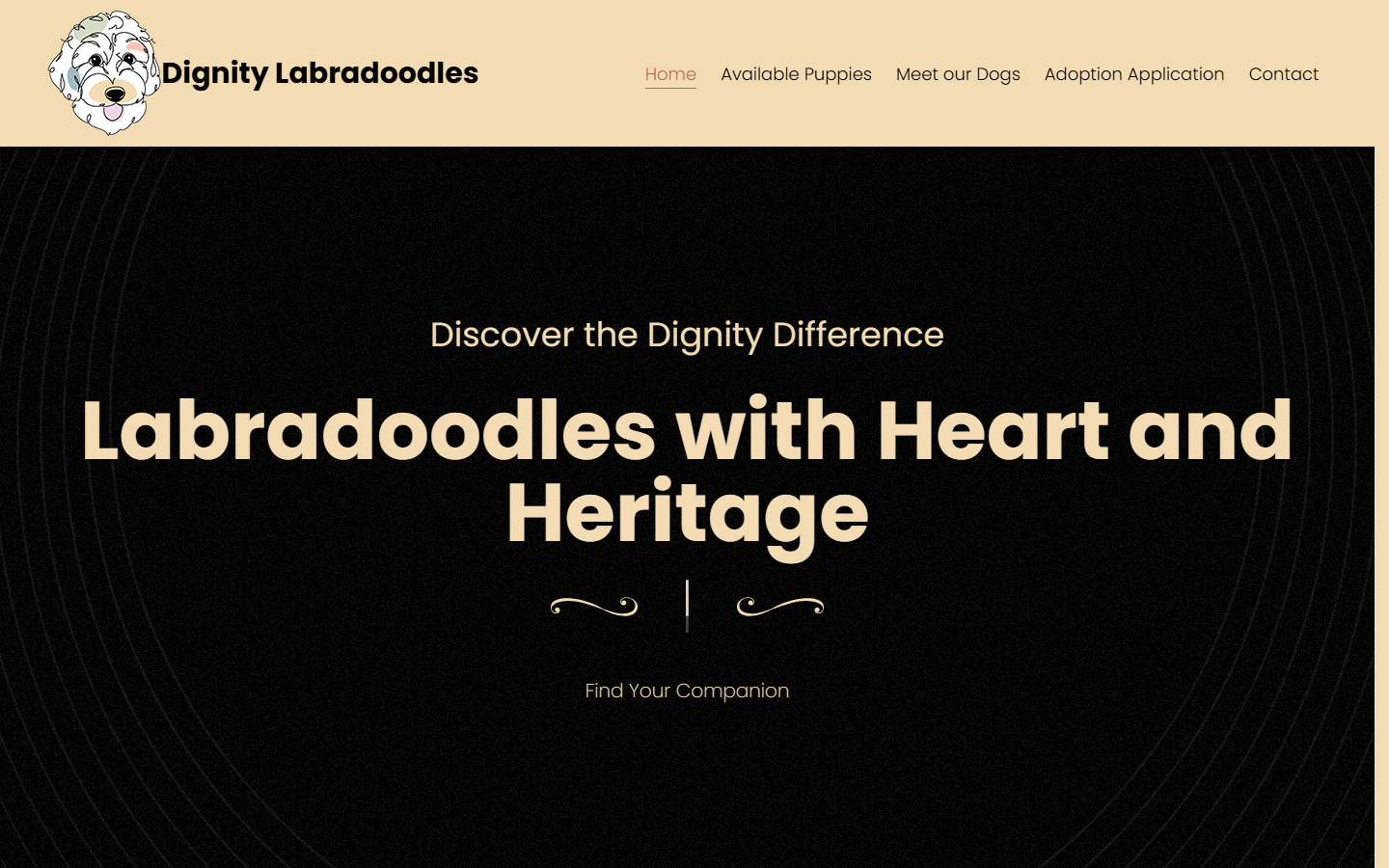 Dignity Labradoodles website menu and hero