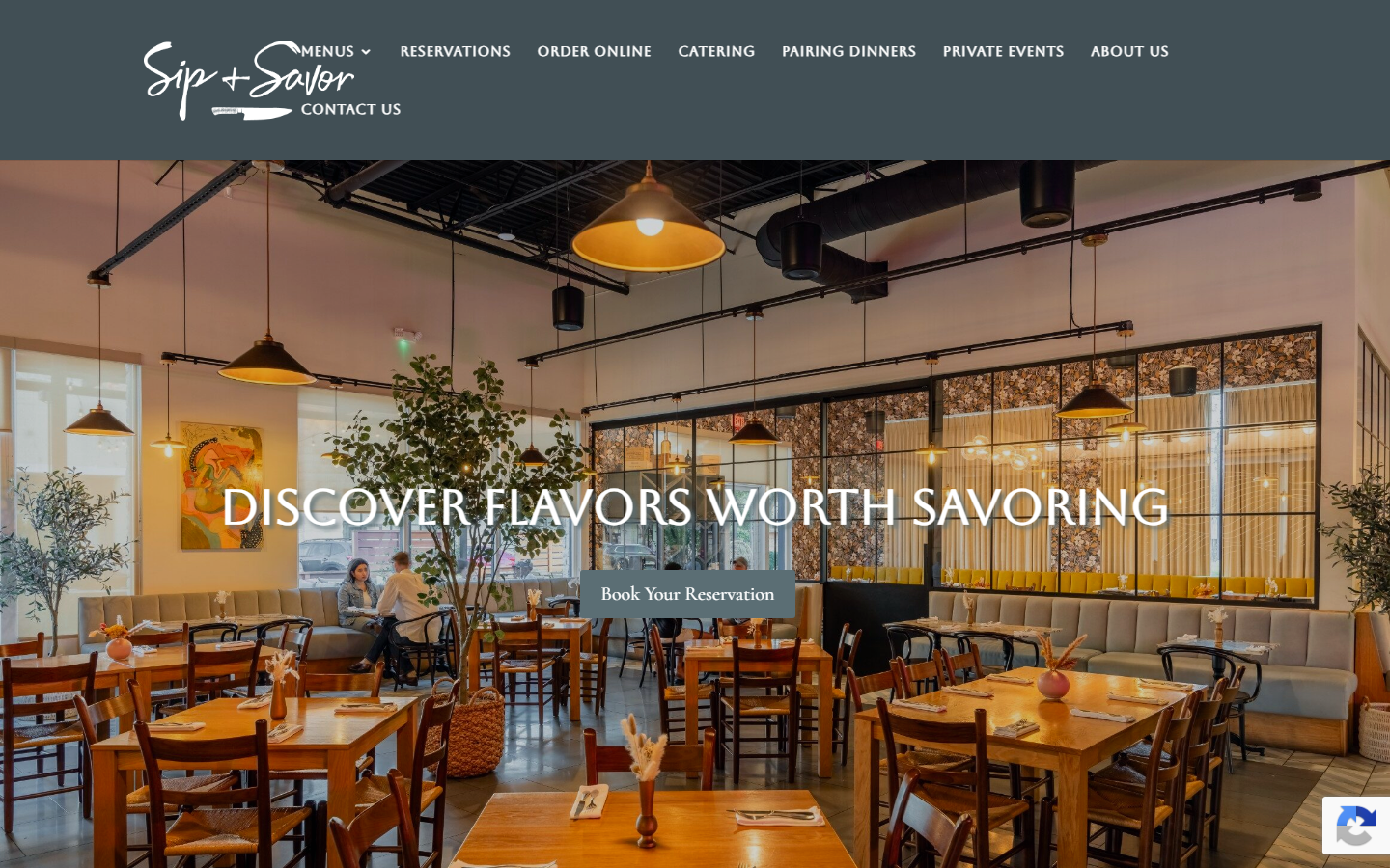 Sip + Savor website menu and hero