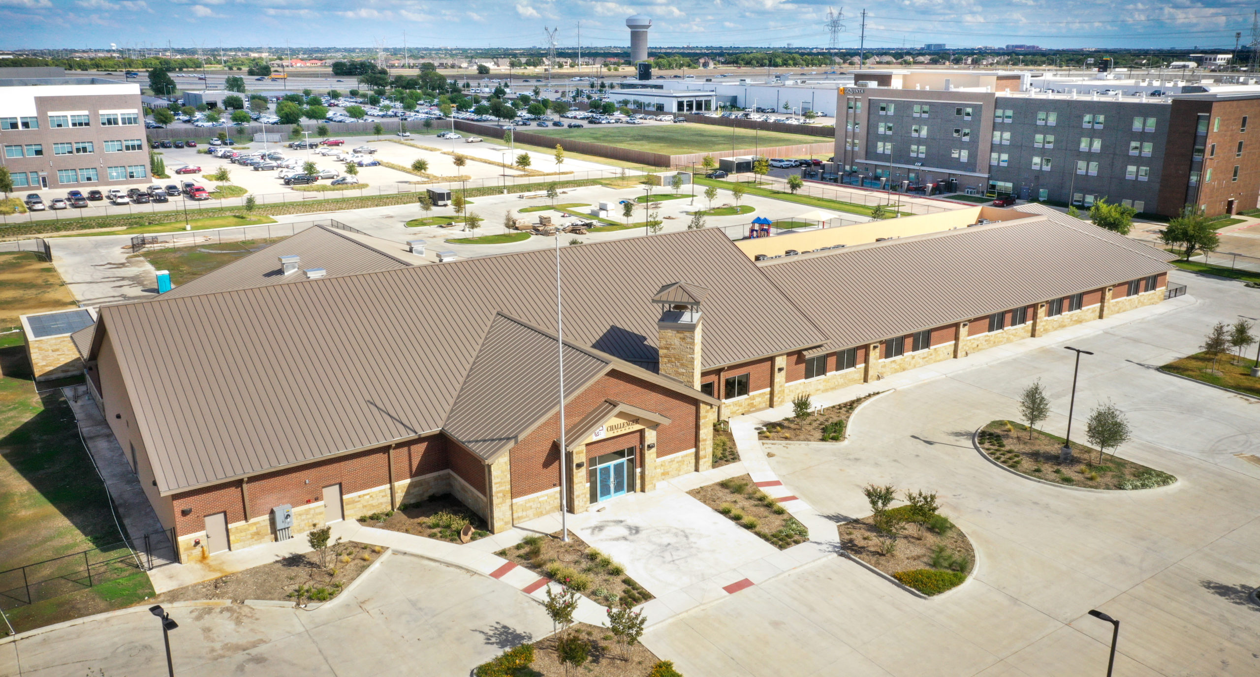 Aerial view of a completed school building