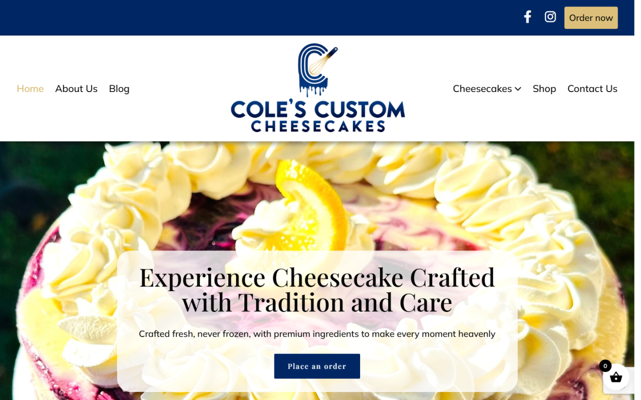 Cole's Custom Cheesecakes website menu and hero