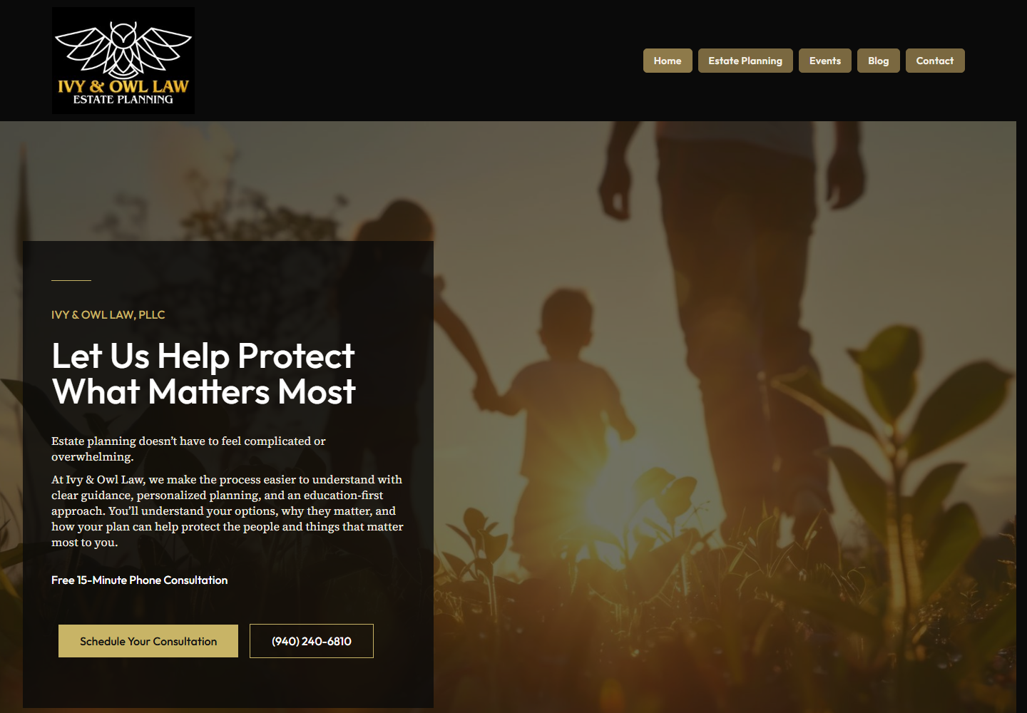 Ivy & Owl Law website menu and hero