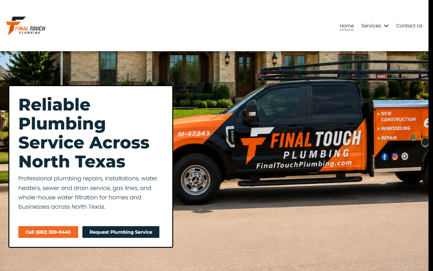 Final Touch Plumbing website menu and hero