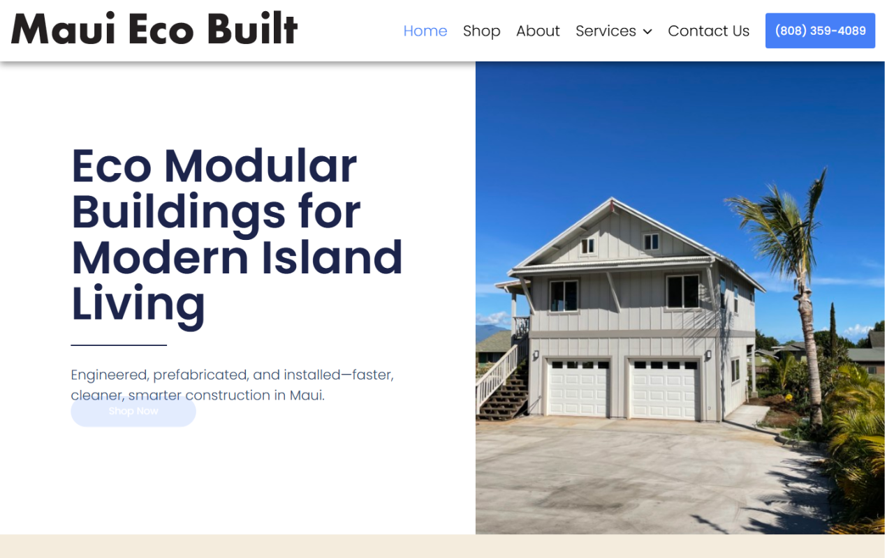 Maui Eco Built website menu and hero