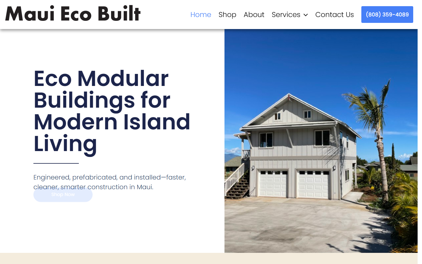 Maui Eco Built website menu and hero