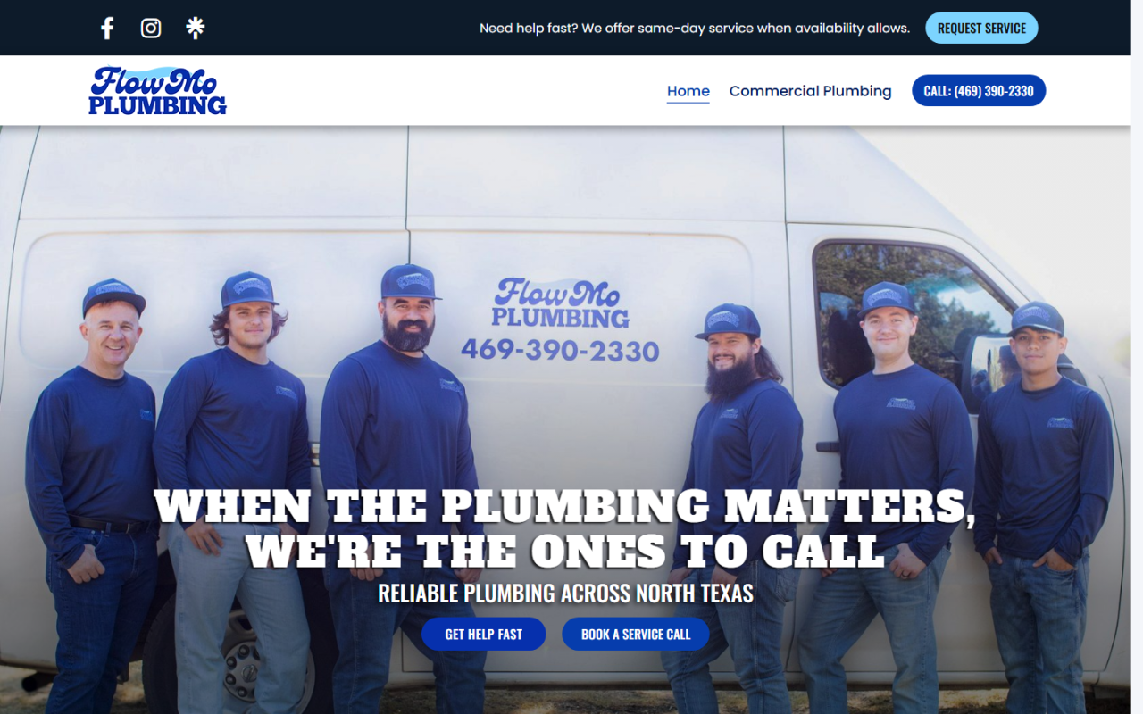 FlowMo Plumbing website menu and hero