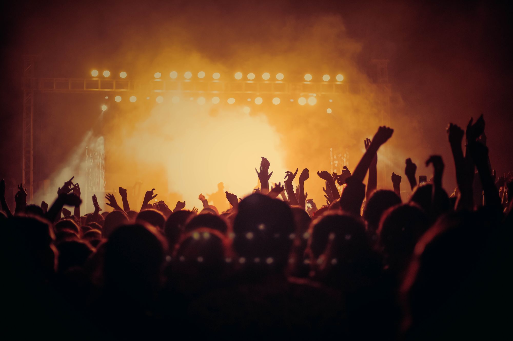 Concert crowd facing a lit stage