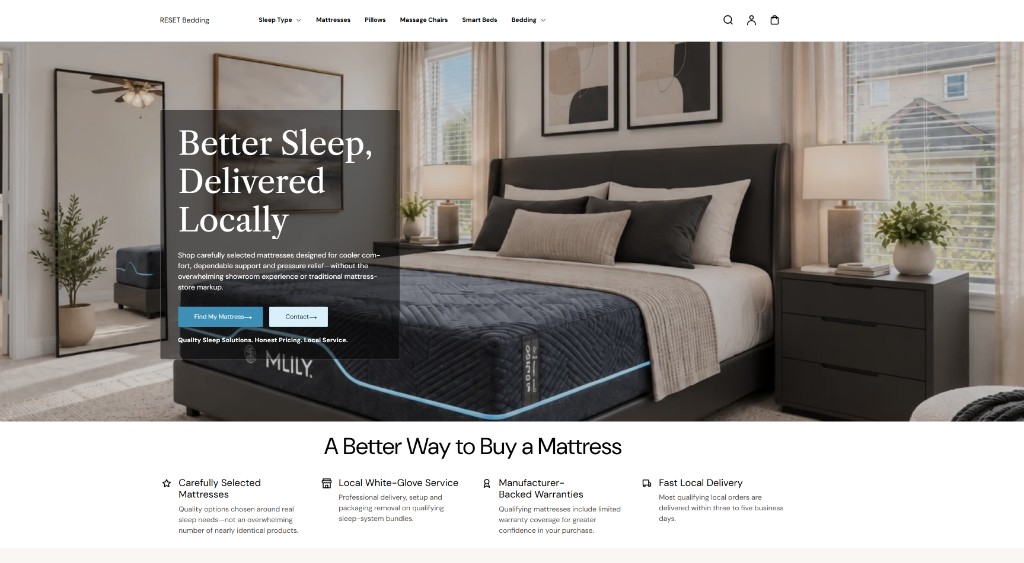 RESET Bedding mattress website homepage for Argyle, TX