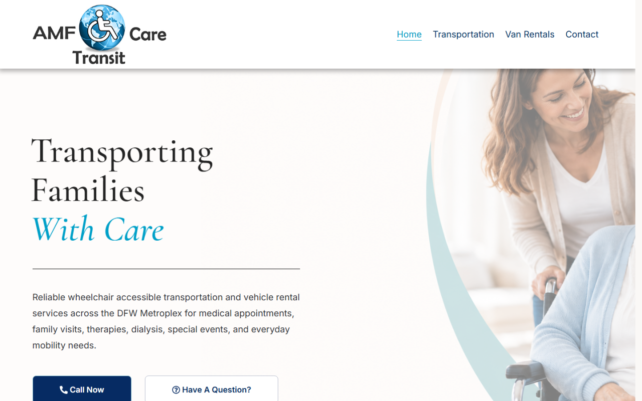AMF Care Transit website menu and hero