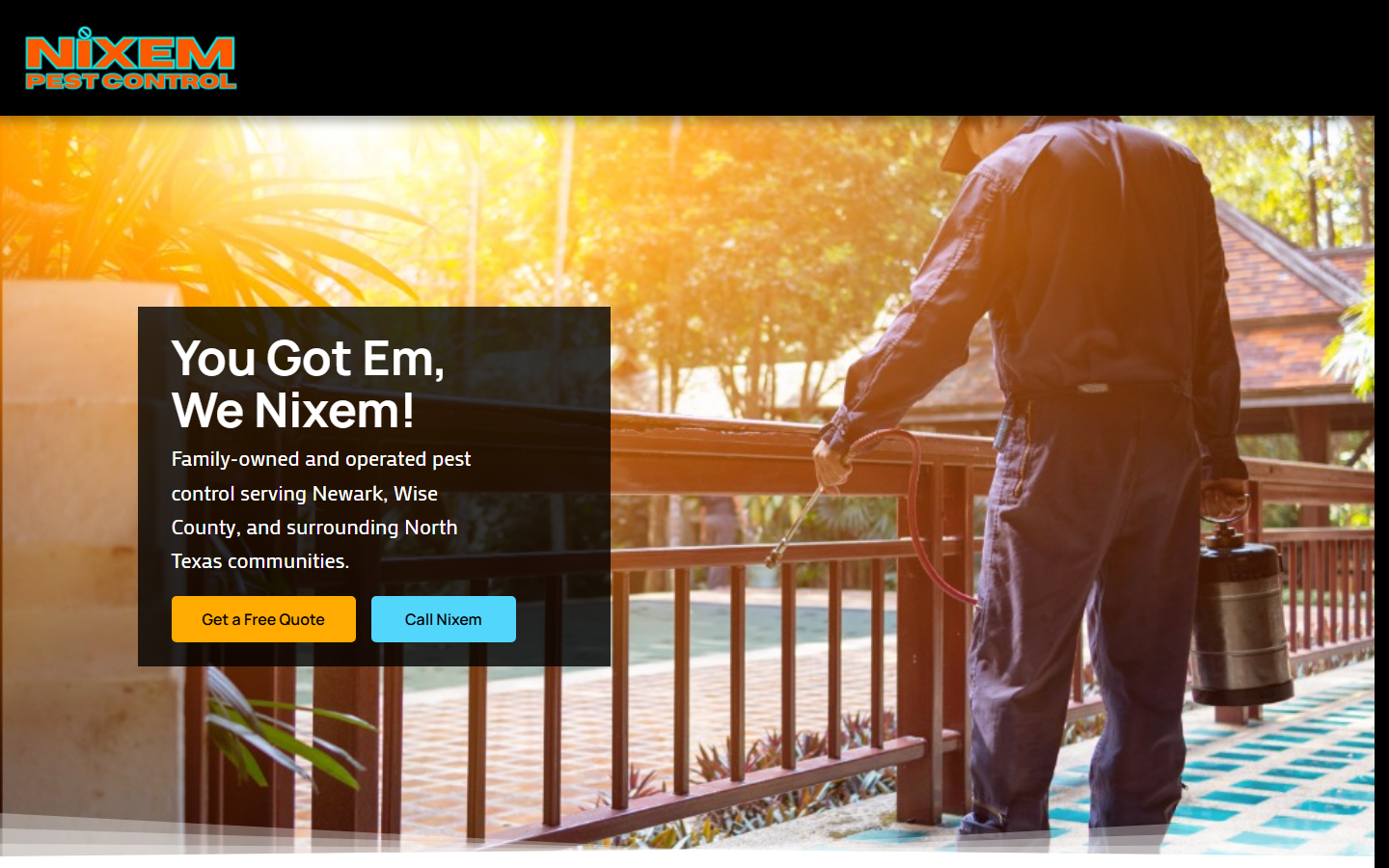 Nixem Pest Control website menu and hero