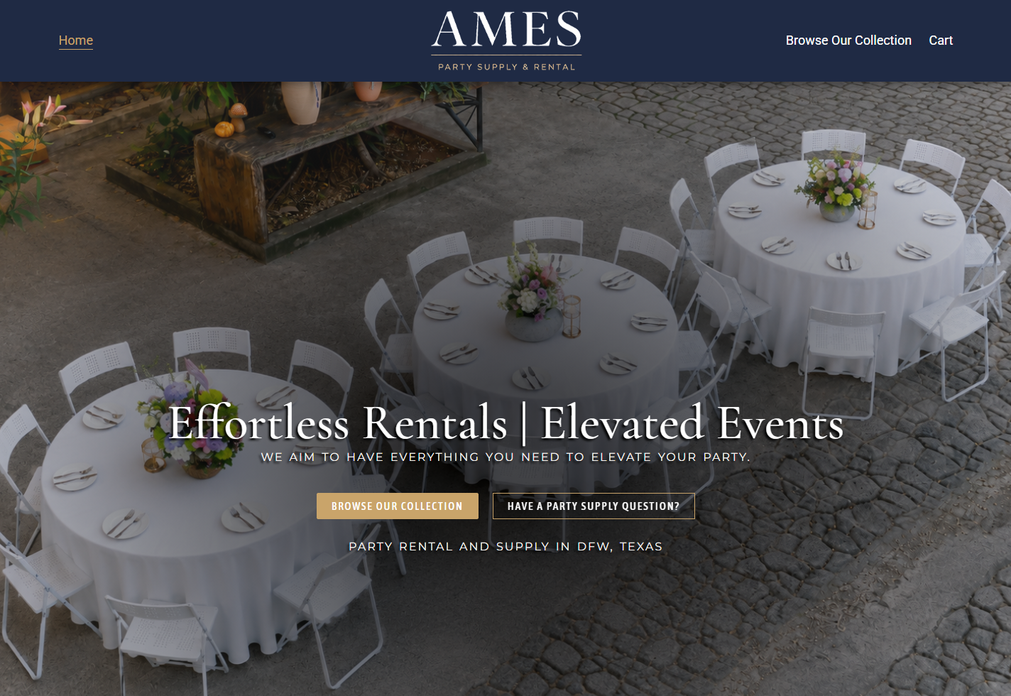 Ames Party Rental website menu and hero