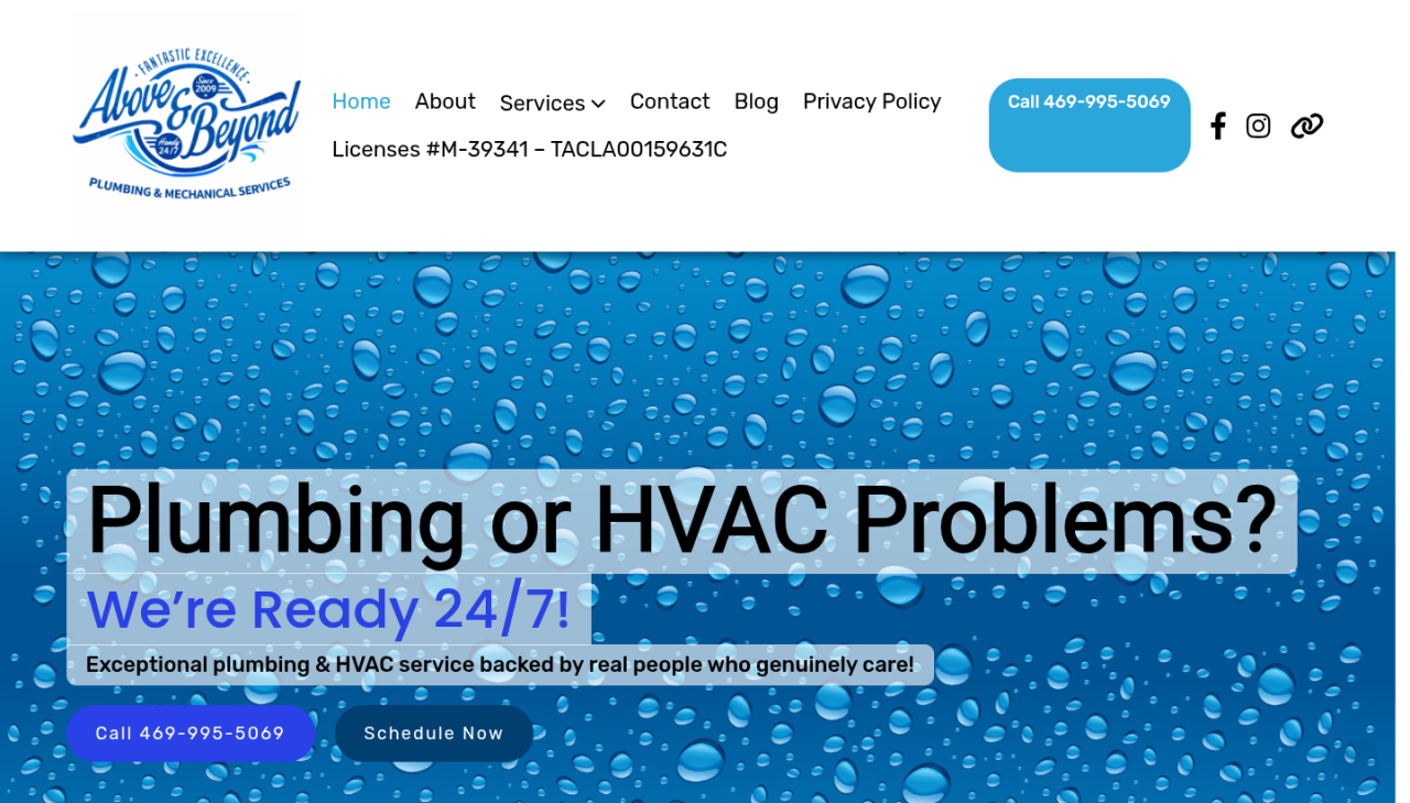 Above and Beyond Plumbing website header and hero